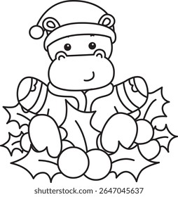 Coloring pages of Cute hippo icon. Outline of Funny baby hippo animal series stock illustration. outline of Santa hippo in the middle of Christmas decor