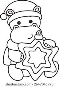 Coloring pages of Cute hippo icon. Outline of Funny baby hippo animal series stock illustration. outline of Santa Hippo bring a yellow stars 