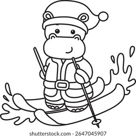 Coloring pages of Cute hippo icon. Outline of Funny baby hippo animal series stock illustration. outline of Santa Hippo playing an ice skating