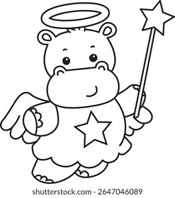 Coloring pages of Cute hippo icon. Outline of Funny baby hippo animal series stock illustration. outline of Hippo flying with angel costume