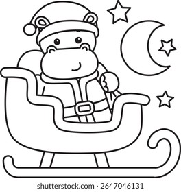 Coloring pages of Cute hippo icon. Outline of Funny baby hippo animal series stock illustration. outline of Santa Hippo riding a train