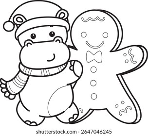 Coloring pages of Cute hippo icon. Outline of Funny baby hippo animal series stock illustration. outline of Santa Hippo hugging a ginger bread