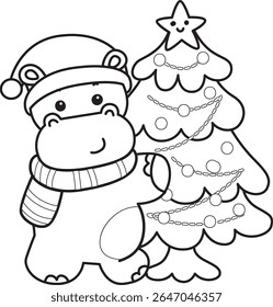 Coloring pages of Cute hippo icon. Outline of Funny baby hippo animal series stock illustration. outline of Santa Hippo hugging a Christmas tree