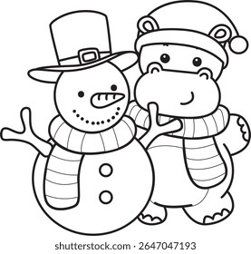 Coloring pages of Cute hippo icon. Outline of Funny baby hippo animal series stock illustration. outline of Santa Hippo with snowman