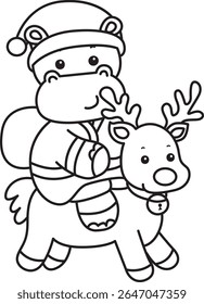 Coloring pages of Cute hippo icon. Outline of Funny baby hippo animal series stock illustration. outline of Hippo riding a reindeer