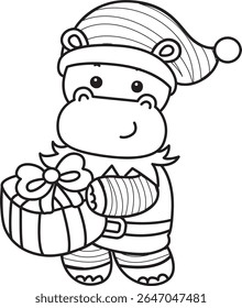 Coloring pages of Cute hippo icon. Outline of Funny baby hippo animal series stock illustration. outline of dwarf Hippo bring a gift box