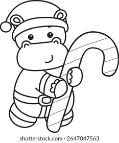 Coloring pages of Cute hippo icon. Outline of Funny baby hippo animal series stock illustration. outline of Santa Hippo bring a stick candy