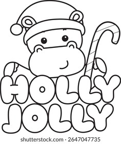 Colorindo páginas de ícone bonito hipopótamo. Contorno da ilustração de estoque de série de animais engraçados de bebê hippo. contorno de Santa Hippo com texto holly Jolly