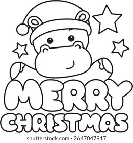 Coloring pages of Cute hippo icon. Outline of Funny baby hippo animal series stock illustration. outline of Hippo with Merry Christmas text