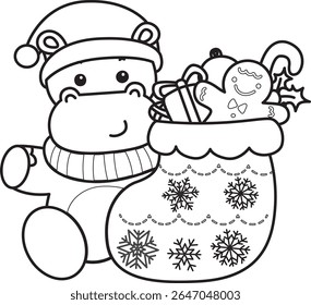 Coloring pages of Cute hippo icon. Outline of Funny baby hippo animal series stock illustration. outline of Santa Hippo with red socks