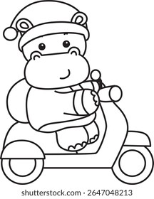 Coloring pages of Cute hippo icon. Outline of Funny baby hippo animal series stock illustration. outline of Santa Hippo riding a scooter