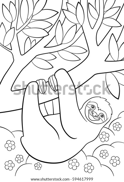 Coloring Pages Cute Lazy Sloth Hangs Stock Vector Royalty Free 594617999