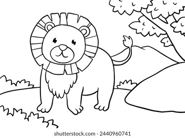 Coloring Pages of Cute Lion with a backdrop of grasslands, mountains and trees. Printable Coloring book Outline black and white.