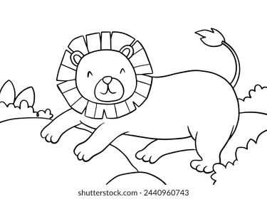 Coloring Pages of Cute Lion with a backdrop of grasslands, mountains and trees. Printable Coloring book Outline black and white.