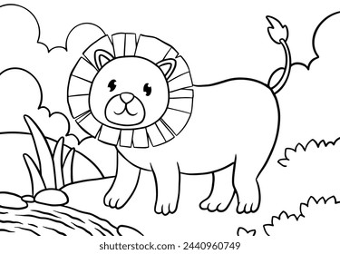 Coloring Pages of Cute Lion with a backdrop of grasslands, mountains and trees. Printable Coloring book Outline black and white.