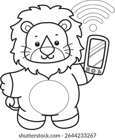 COloring pages of Cute Lion icon. Outline of Funny baby Lion animal series stock illustration. outline of lion bring a phone