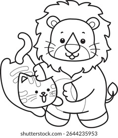 Colorir páginas do ícone de Leão Fofo. Contorno de bebê engraçado Leão série animal ilustração de estoque. contorno de leão com gatinho
