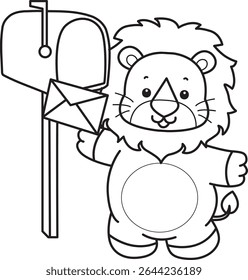 COloring pages of Cute Lion icon. Outline of Funny baby Lion animal series stock illustration. outline of lion sending a message by mail box