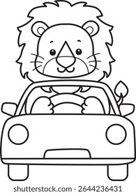 COloring pages of Cute Lion icon. Outline of Funny baby Lion animal series stock illustration. outline of lion riding a car