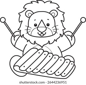 COloring pages of Cute Lion icon. Outline of Funny baby Lion animal series stock illustration. outline of lion playing a xylophone