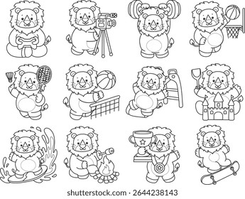 COloring pages of Cute Lion icon. Outline of Funny baby Lion animal series stock illustration. outline of lion in the sport and workout activities