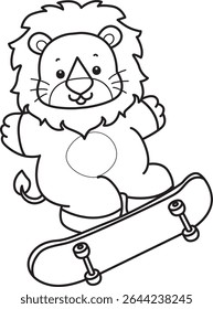COloring pages of Cute Lion icon. Outline of Funny baby Lion animal series stock illustration. outline of lion move with skateboard