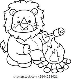 Colorir páginas do ícone de Leão Fofo. Contorno de bebê engraçado Leão série animal ilustração de estoque. contorno de leão assando um marshmallow