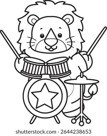 COloring pages of Cute Lion icon. Outline of Funny baby Lion animal series stock illustration. outline of lion playing a drum in the band