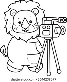 COloring pages of Cute Lion icon. Outline of Funny baby Lion animal series stock illustration. outline of lion making video with camera