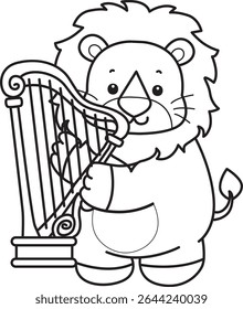 Colorir páginas do ícone de Leão Fofo. Contorno de bebê engraçado Leão animal série ilustração de estoque. contorno de leão brincando com harpa