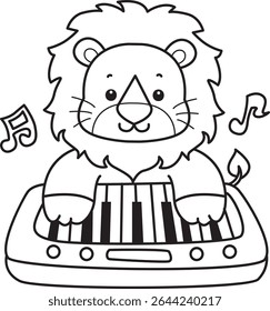 COloring pages of Cute Lion icon. Outline of Funny baby Lion animal series stock illustration. outline of lion playing with piano