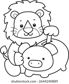 COloring pages of Cute Lion icon. Outline of Funny baby Lion animal series stock illustration. outline of lion savings money in the Piggy bank