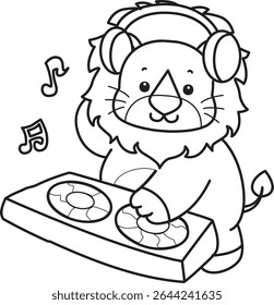 COloring pages of Cute Lion icon. Outline of Funny baby Lion animal series stock illustration. outline of lion playing a DJ in the clubbing