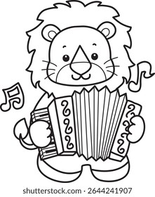 COloring pages of Cute Lion icon. Outline of Funny baby Lion animal series stock illustration. outline of lion playing an accordion