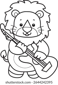 COloring pages of Cute Lion icon. Outline of Funny baby Lion animal series stock illustration. outline of lion playing a guitar