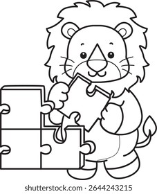 COloring pages of Cute Lion icon. Outline of Funny baby Lion animal series stock illustration. outline of lion playing a puzzle