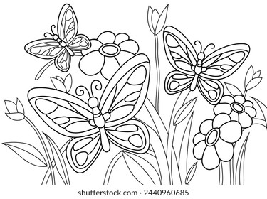 Coloring Pages Cute little butterfly with flowers, flora and plants. Printable Coloring Pages Outline black and white.