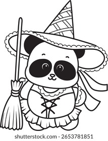 Colorir páginas de bonitos animais panda. contorno de panda vestindo um traje de bruxa com vassoura