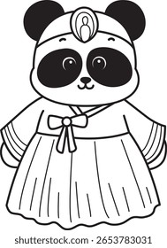 Colorir páginas de bonitos animais panda. contorno de panda vestindo um bonito vestido de hanbok 
