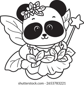 Coloring pages of cute panda animals.  outline of panda wearing a fairy or butterfly costume 