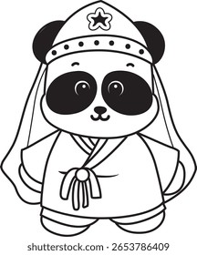 Colorir páginas de bonitos animais de panda. contorno de panda vestindo um bonito traje de crianças coreanas 