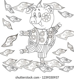 Coloring Pages. Cute Pig - 2019 Chinese New Year symbol. Antistress freehand sketch drawing with doodle and zentangle elements.