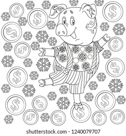 Coloring Pages. Cute Pig - 2019 Chinese New Year symbol. Antistress freehand sketch drawing with doodle and zentangle elements.