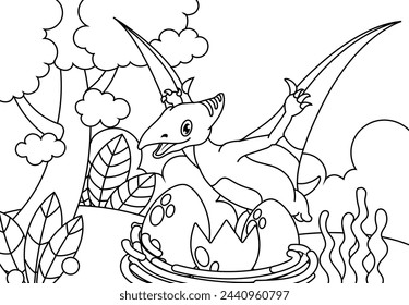 Coloring Pages Cute Pterodactyl Dinosaur of meadows, trees, mountains and clouds. Printable Coloring book Outline black and white.