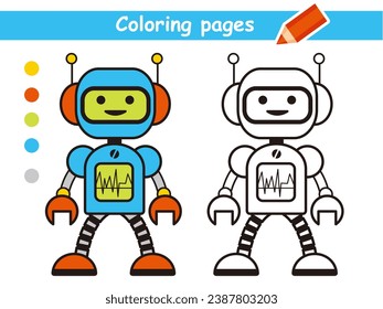 Coloring pages with cute robot. Coloring book for kids with line black and white drawing and a colorful example vector illustration