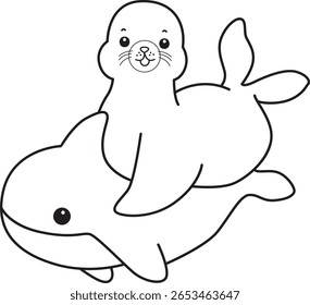 Coloring pages of cute seal. outline of seal riding a shark