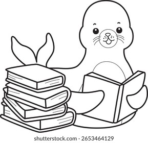 Colorir páginas de selo bonito. esboço de selo lendo um livro