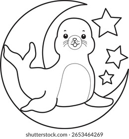 Coloring pages of cute seal. outline of seal standing in the moon