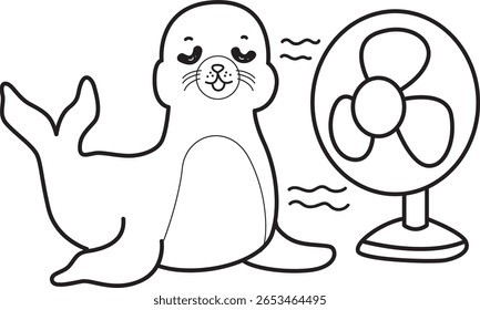 Coloring pages of cute seal. outline of seal feel the air from the fan
