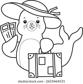 Coloring pages of cute seal. outline of seal bring a Travelling bag